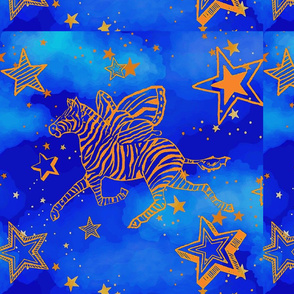 Flying  Golden Zebra on Starry Blue Background