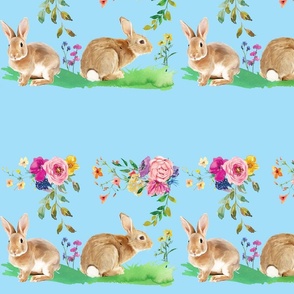 Bunny Floral Border, aqua blue background, 12" repeat 