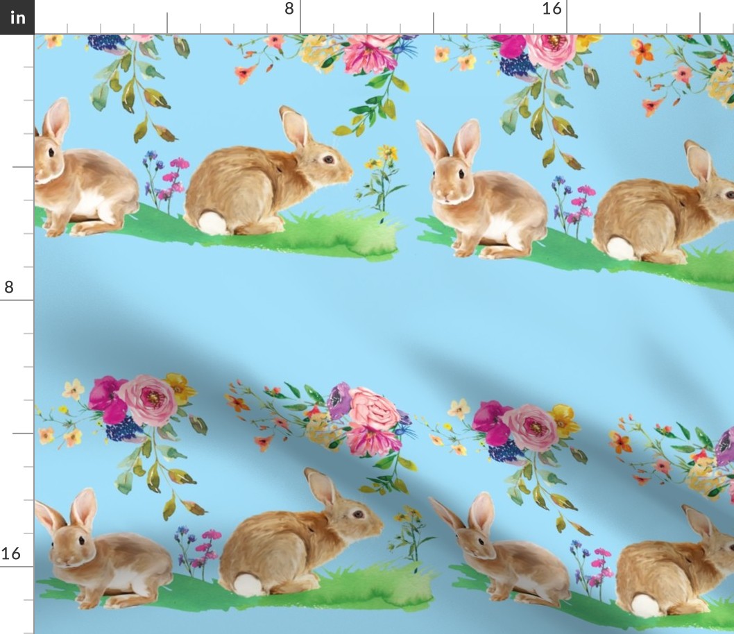 Bunny Floral Border, aqua blue background, 12" repeat 
