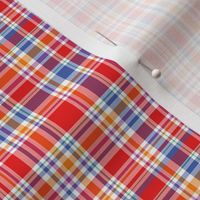 Plaid, small print, blue, red, white, purple, orange.