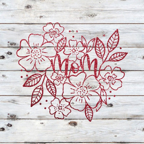 Mom Floral Red Glitter on Shiplap 18 inch square