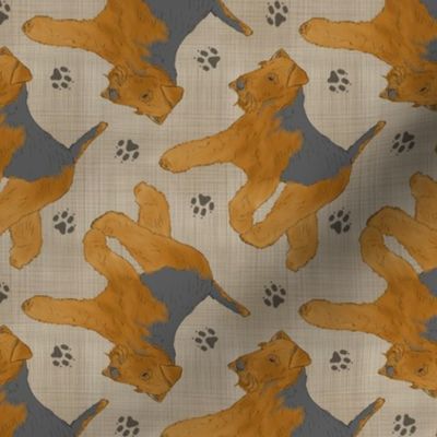 Trotting Welsh Terrier and paw prints - faux linen