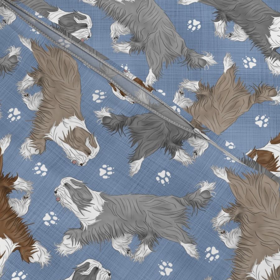 Trotting Bearded Collies and paw prints - faux denim