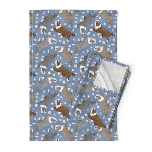 Trotting Bearded Collies and paw prints - faux denim