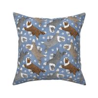 Trotting Bearded Collies and paw prints - faux denim