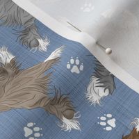 Trotting Bearded Collies and paw prints - faux denim