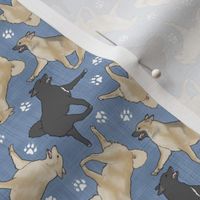 Tiny Trotting Norwegian Buhunds and paw prints - faux denim