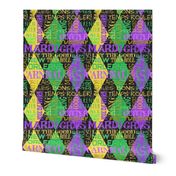 Mardi Gras Sayings Harlequin Argyle -- Mardi Gras Phrases over Green, Gold, Yellow and Purple Diamonds -- 300dpi (50% of Full Scale) -- 10.50in x 12.51in repeat