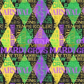 Mardi Gras Sayings Harlequin Argyle -- Mardi Gras Phrases over Green, Gold, Yellow and Purple Diamonds -- 300dpi (50% of Full Scale) -- 10.50in x 12.51in repeat