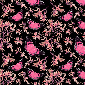 Bushland Blossom & Butterflies - hot pink on black, medium 