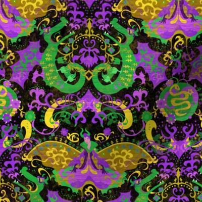 Mardi Gras Dragon Damask - Dragons, Snakes, Butterfly Fairy in Mardi Gras Colors of Purple, Green, Yellow-Gold -- 14.01in x 11.65in repeat -- 727dpi (21% of Full Scale) 