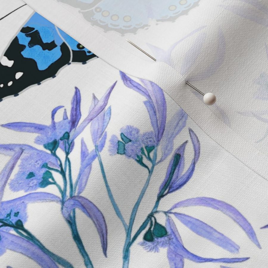 Bushland Blossom & Butterflies - electric blue on white, medium 