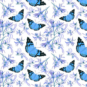 Bushland Blossom & Butterflies - electric blue on white, medium 