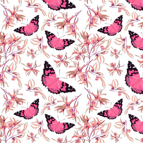 Bushland Blossom & Butterflies - hot pink on white, medium 