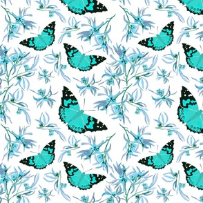 Bushland Blossom & Butterflies - turquoise on white, medium 