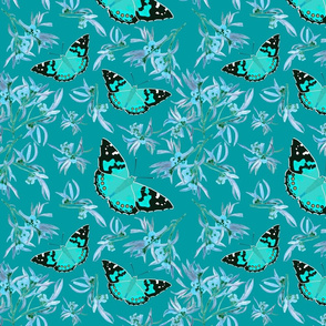 Bushland Blossom & Butterflies - turquoise on peacock teal, medium 