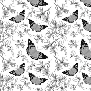 Bushland Blossom & Butterflies - greyscale on white, medium 