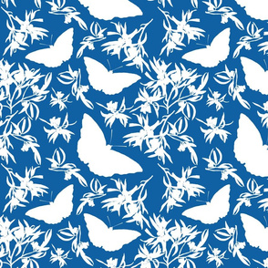 Bushland Blossom & Butterflies - white on classic blue, medium 