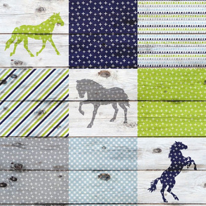 Horse Patchwork Navy Chartreuse Grey - 6 inch squares 