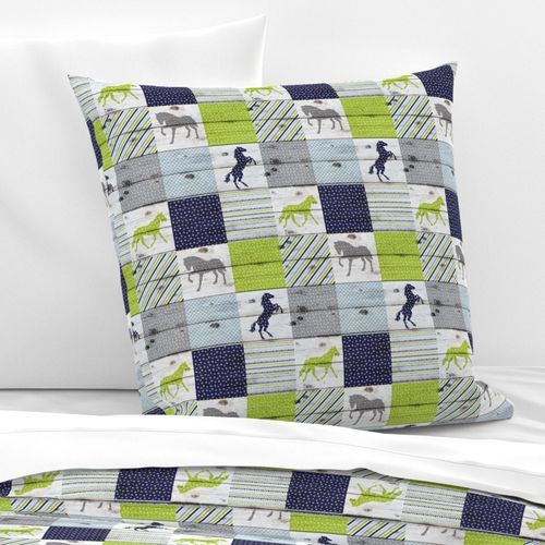 Horse Patchwork Navy Chartreuse Grey - 3 inch squares 