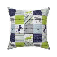 Horse Patchwork Navy Chartreuse Grey - 3 inch squares 