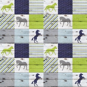 Horse Patchwork Navy Chartreuse Grey - 3 inch squares 