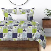 Horse Patchwork Navy Chartreuse Grey Rotated - 6 inch squares 