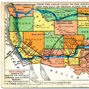 190-16 Map of Santa Fe Railroad  Routes & Hotels - Vintage Postcard