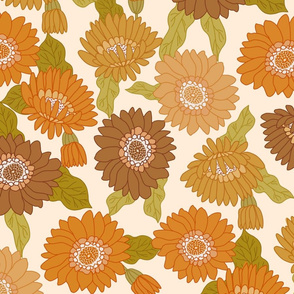 LARGE  retro 70s floral fabric - seventies design trendy aesthetic pattern -Orange