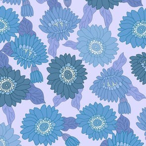 LARGE  retro 70s floral fabric - seventies design trendy aesthetic pattern -Blue