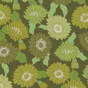 LARGE  retro 70s floral fabric - seventies design trendy aesthetic pattern -Dark green 