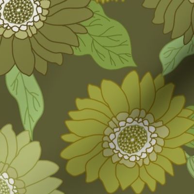 MEDIUM  retro 70s floral fabric - seventies design trendy aesthetic pattern -DARK GREEN