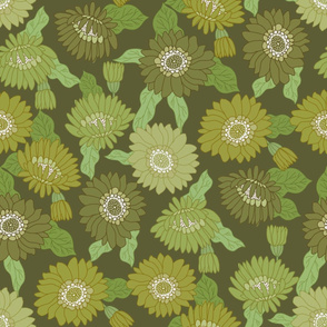 MEDIUM  retro 70s floral fabric - seventies design trendy aesthetic pattern -DARK GREEN