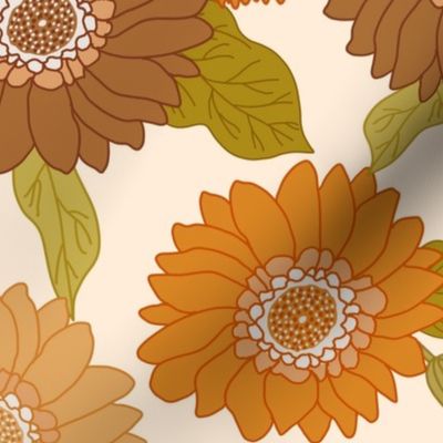 Medium  retro 70s floral fabric - seventies design trendy aesthetic pattern -orange
