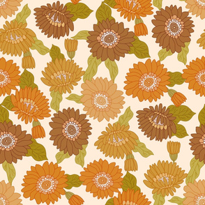 Medium  retro 70s floral fabric - seventies design trendy aesthetic pattern -orange