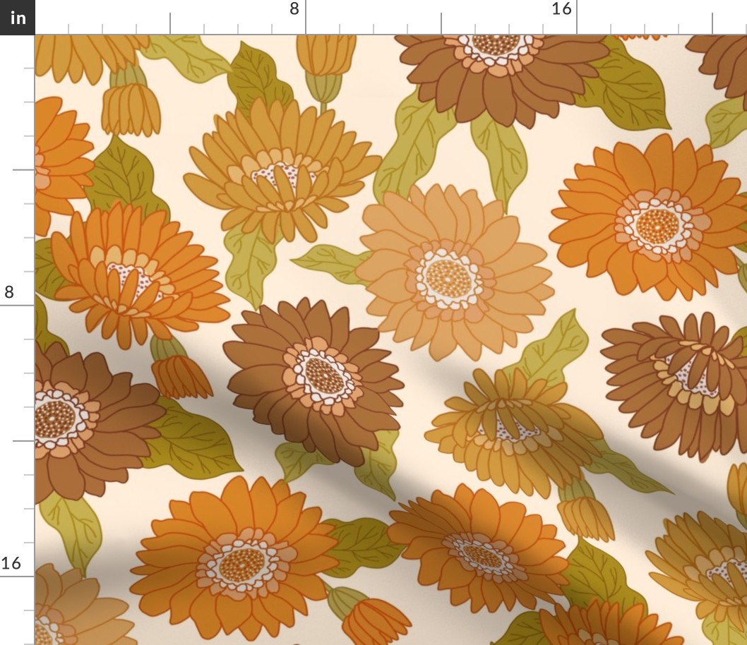 Medium  retro 70s floral fabric - seventies design trendy aesthetic pattern -orange
