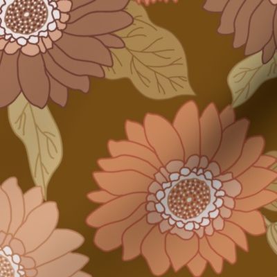 LARGE  retro 70s floral fabric - seventies design trendy aesthetic pattern -dark brown 