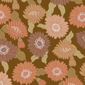 LARGE  retro 70s floral fabric - seventies design trendy aesthetic pattern -dark brown 