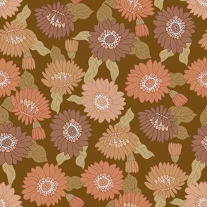 MEDIUM  retro 70s floral fabric - seventies design trendy aesthetic pattern -dark brown 