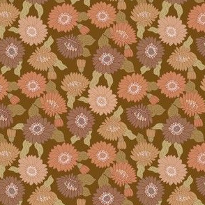 SMALL  retro 70s floral fabric - seventies design trendy aesthetic pattern -DARK BROWN 