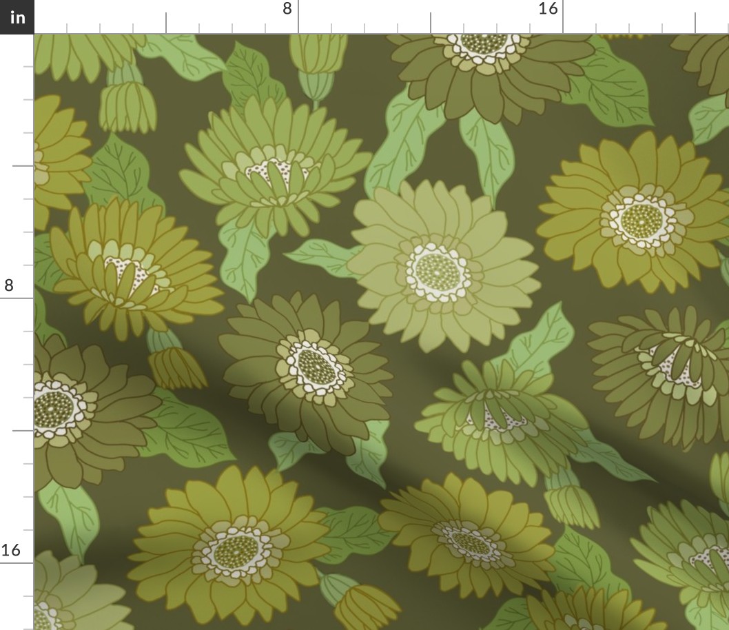 SMALL  retro 70s floral fabric - seventies design trendy aesthetic pattern -DARK GREEN
