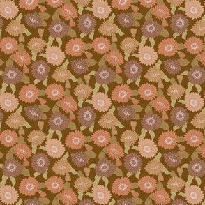 TINY  retro 70s floral fabric - seventies design trendy aesthetic pattern -DARK BROWN