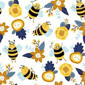 Large Yellow Bumblebees Navy and Honey Bee Gold Flowers