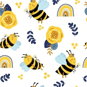 Large Yellow Bumblebees Navy and Honey Bee Gold Flowers and Boho Rainbows