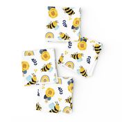 Medium Yellow Bumblebees Navy and Honey Bee Gold Flowers and Boho Rainbows