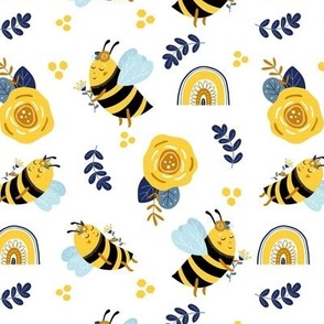 Medium Scale Yellow Bumblebees Navy and Honey Bee Gold Flowers and Boho Rainbows