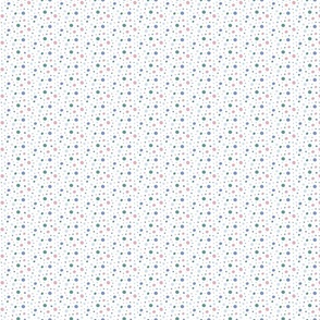 Pink, gray, green, and blue dots on a white background