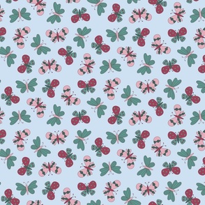 Cranberry red, pink, and jade green butterflies, blue background
