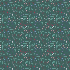 Cranberry red, pink, blue, and gray modern stylized flowers, jade green background