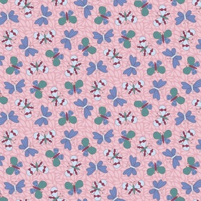 Blue, gray, jade green and red butterflies on a pink leafy background